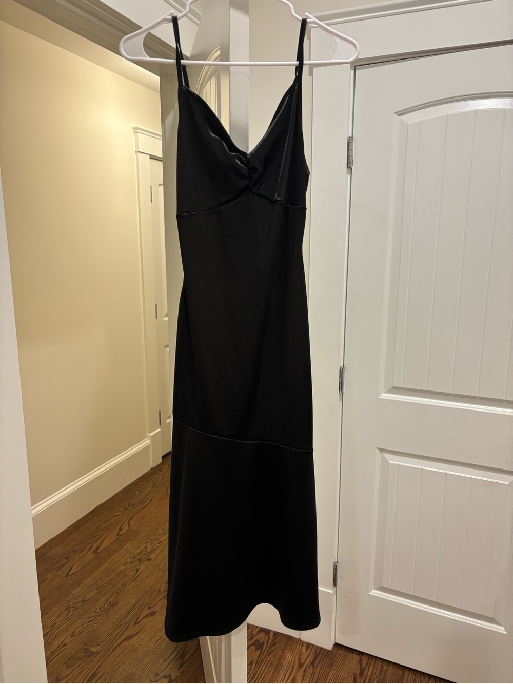 Black Slip Midi Dress with V-Neck and Spaghetti Straps